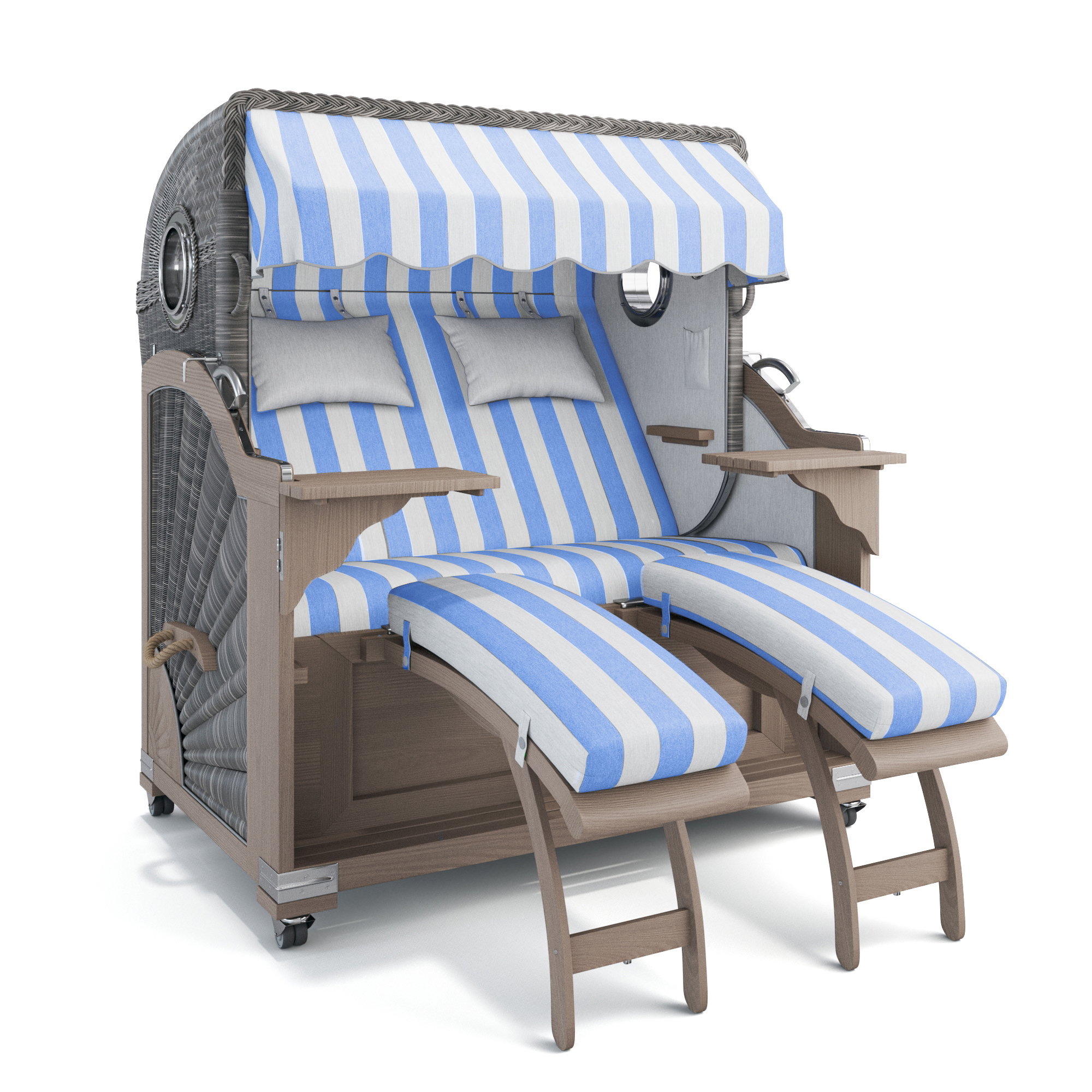 ABVERKAUF Strandkorb Kampen Teak Vintage mit Bullaugen, Cadiz hellblau-kitt