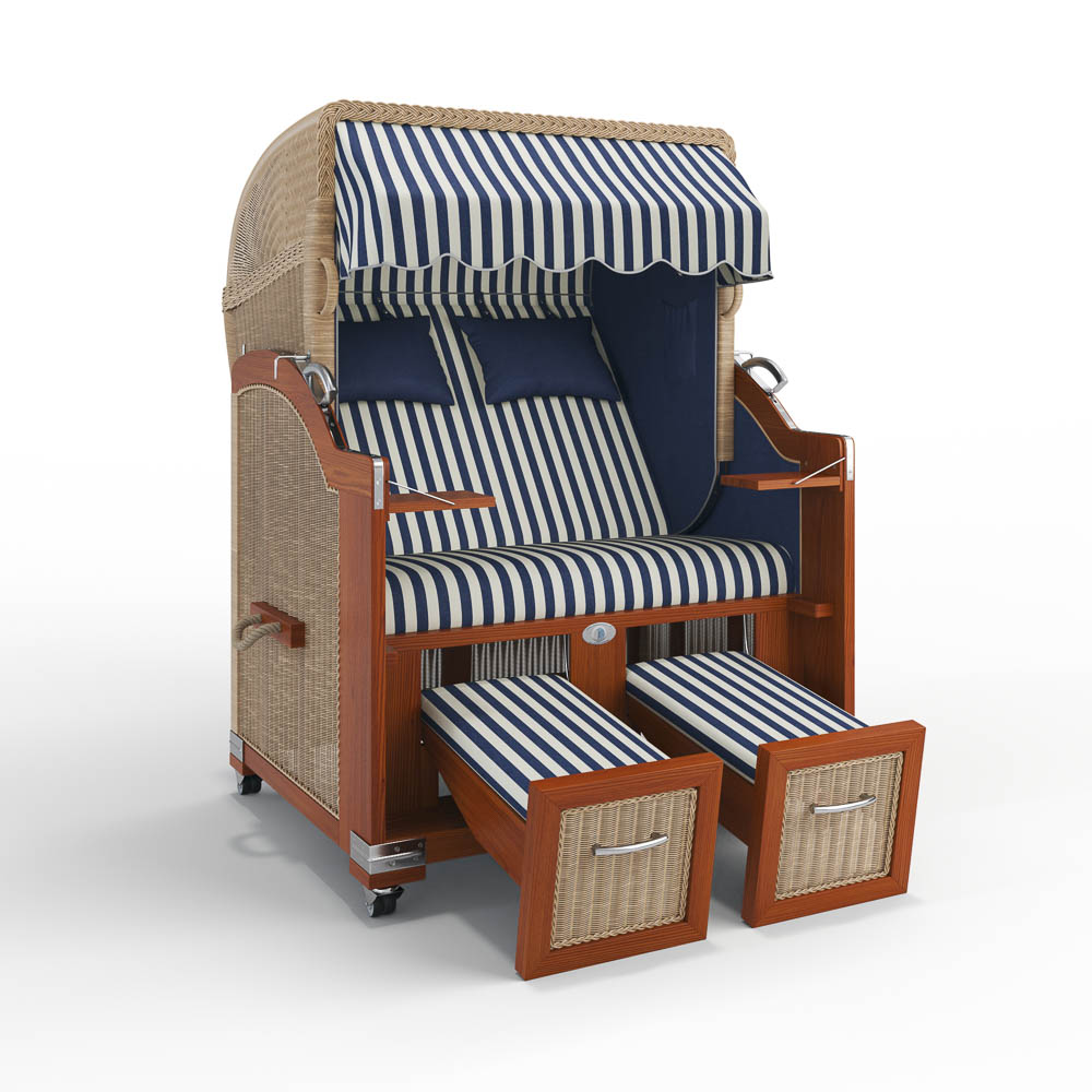 Strandkorb H&ouml;rnum-Mahagoni-Nature Sand-PORTO-blau-creme-82335-46585-ohne Bullaugen-Silverline-Terrassenrollen