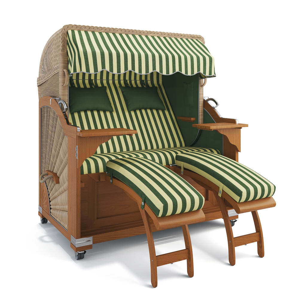 Strandkorb Kampen-Teak-Nature Sand-PORTO-grün-creme-82336-46526-ohne Bullaugen-Silverline-Terrassenrollen