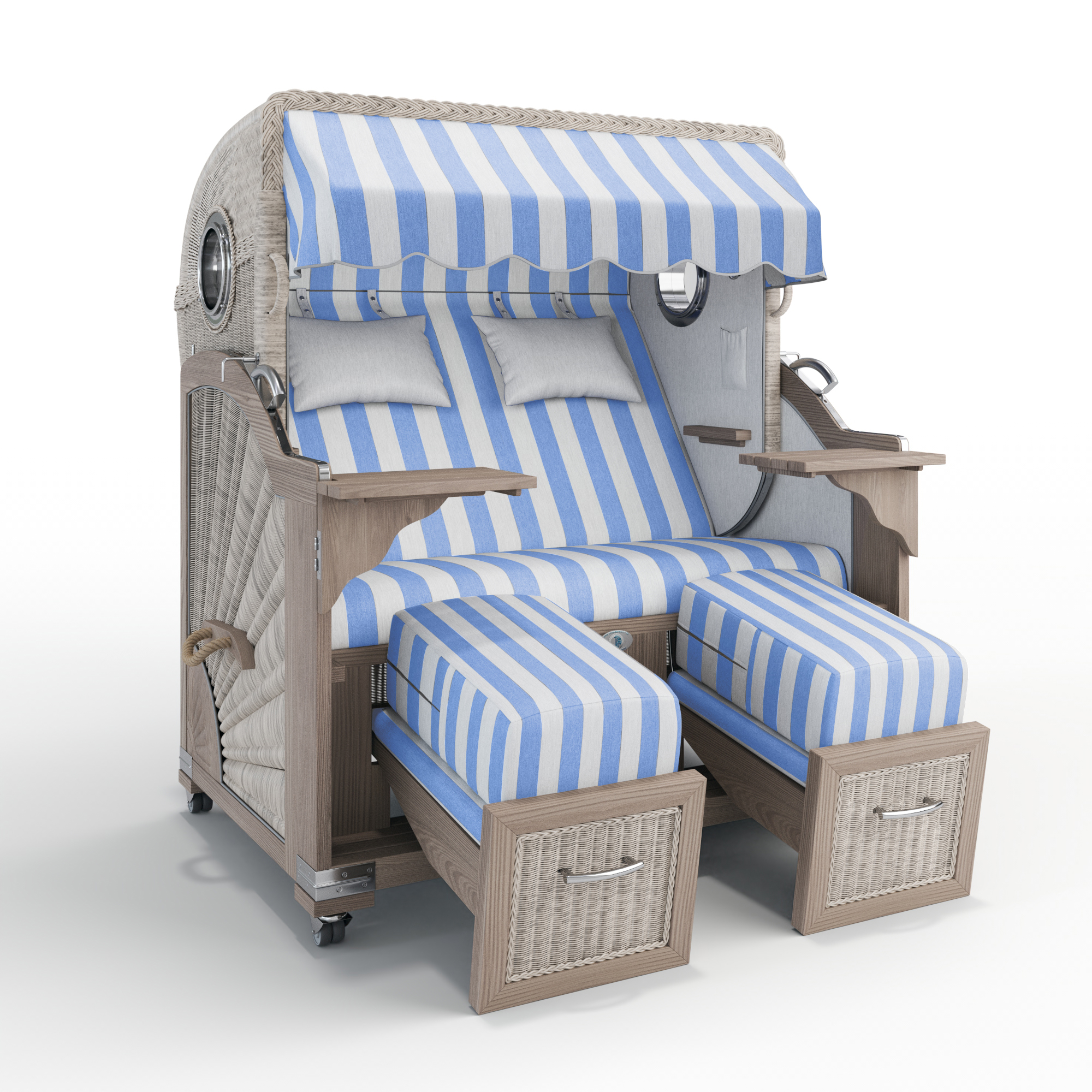 ABVERKAUF Strandkorb Munkmarsch Teak Vintage mit Bullaugen, Cadiz hellblau-kitt