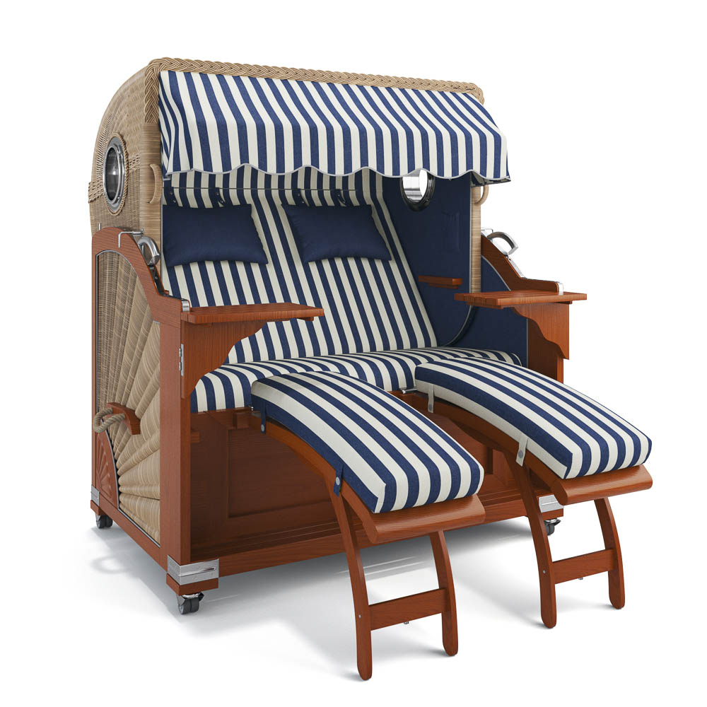 Strandkorb Kampen-Mahagoni-Nature Sand-PORTO-blau-creme-82335-46585-mit Bullaugen-Silverline-Terrassenrollen