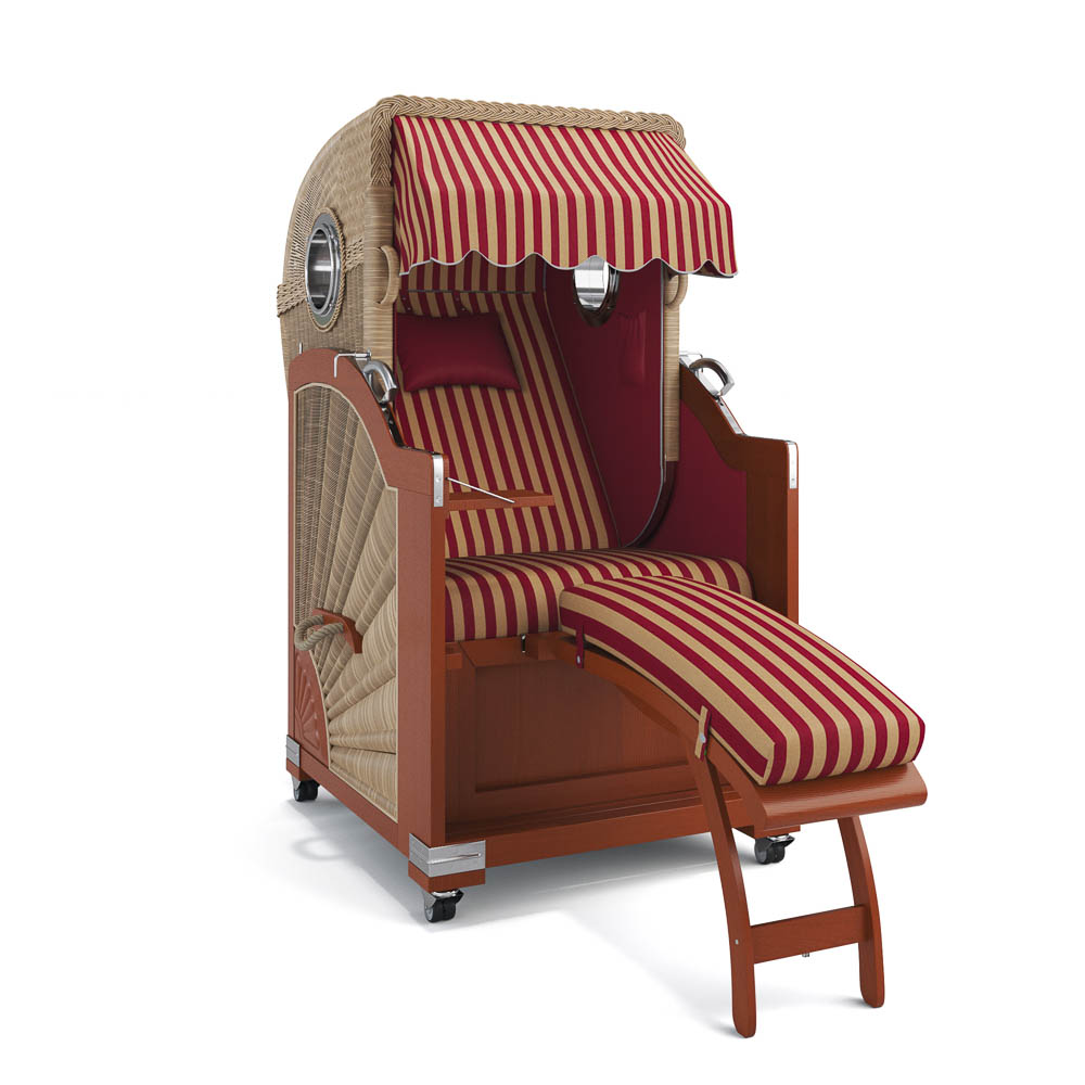 Strandkorb List-Mahagoni-Nature Sand-PORTO-rot-creme-82333-46573-mit Bullaugen-Silverline-Terrassenrollen