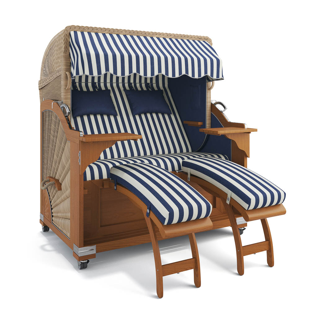 Strandkorb Kampen-Teak-Nature Sand-PORTO-blau-creme-82335-46585-ohne Bullaugen-Silverline-Terrassenrollen