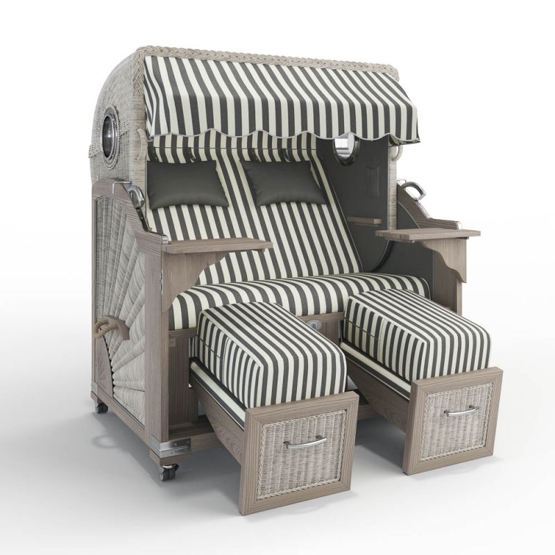 ABVERKAUF Strandkorb Munkmarsch Teak Vintage mit Bullaugen, Porto grau-creme