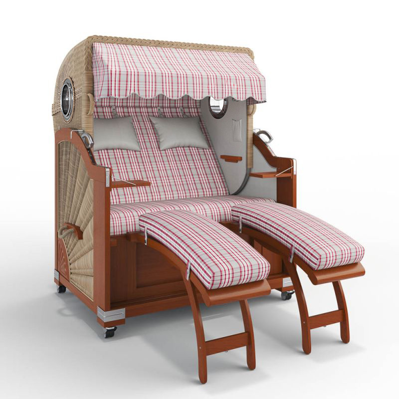 ABVERKAUF Strandkorb Keitum Mahagoni mit Bullaugen, Palma rot