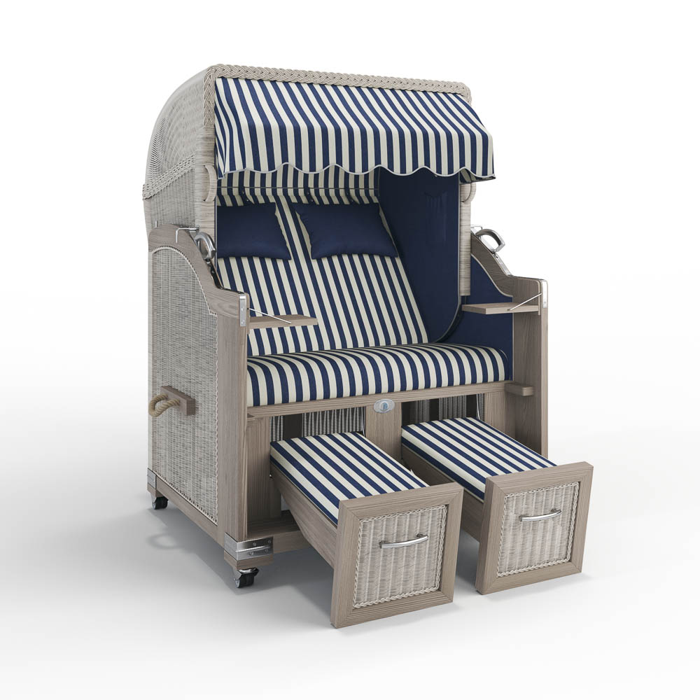 Strandkorb Landhaus Sylt-Teak Vintage-White Washed-PORTO-blau-creme-82335-46585-ohne Bullaugen-Silverline-Terrassenrollen