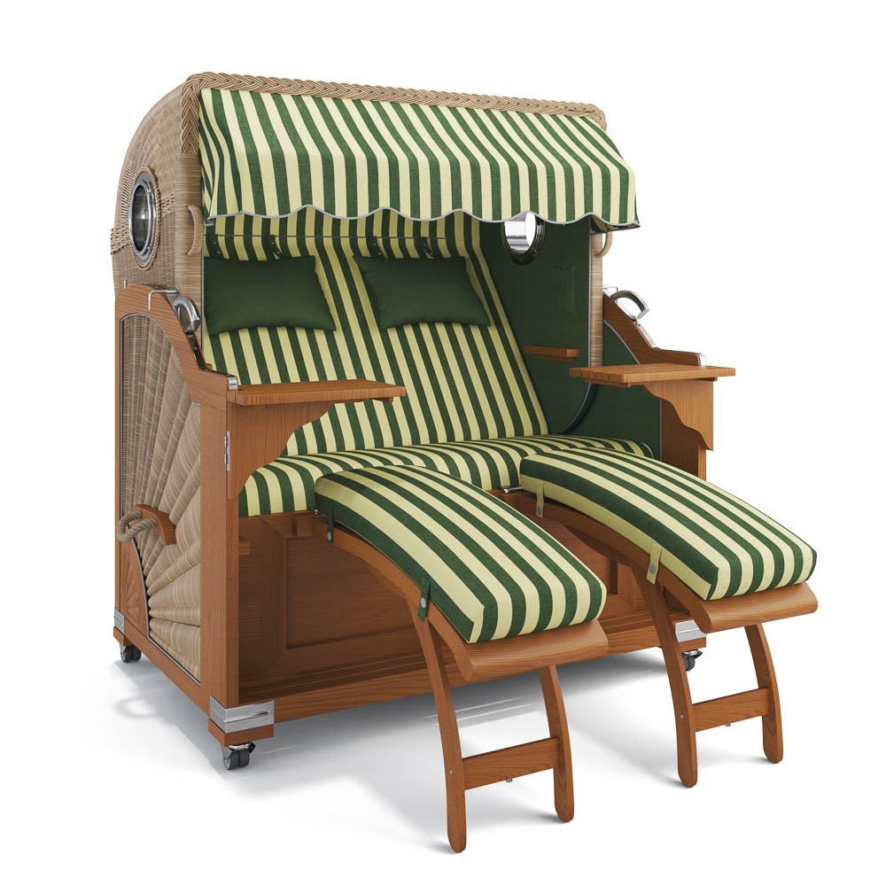 Strandkorb Kampen-Teak-Nature Sand-PORTO-gr&uuml;n-creme-82336-46526-mit Bullaugen-Silverline-Terrassenrollen